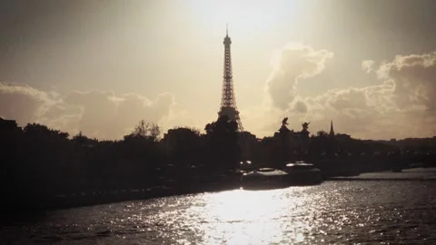 Parisian Nostalgia Concept Eiffel Tower Silhouette Over Seine River Super 8 Film Stock Footage 330317798