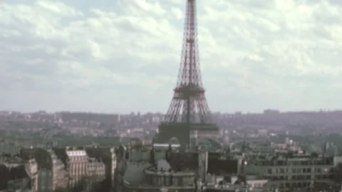 Parisian Rooftops Panoramic View Tilting Up To Eiffel Tower In France 1960s Stock Footage 347124601