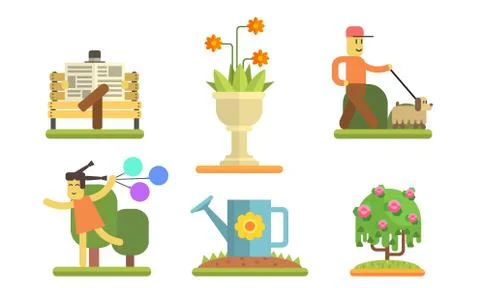 Park and Garden Elements Set, Man Walking with Dog, Girl Running with Colorful Ilustração Stock