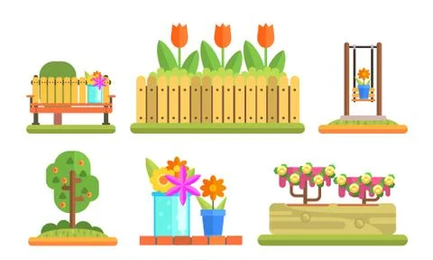 Park and Garden Elements Set, Flowerbeds with Blooming Flowers and Plants Ilustración de archivo