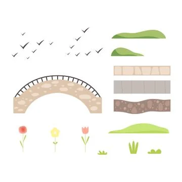 Park architectural landscape constructor design elements, plants, stone path Stock Illustration