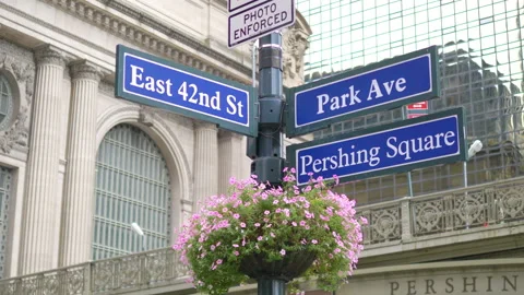 Park Ave and Pershing Square Sign In New York City in 4K Slow motion 60fps Stock Footage 129890515