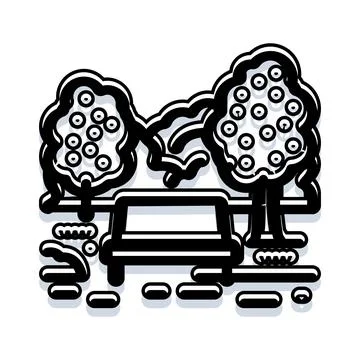 Park bench among trees black and white icon Ilustração Stock