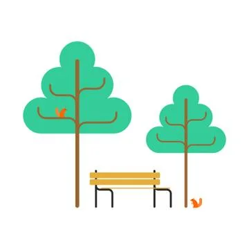 Park Bench and squirrel. Trees Square object Stock Illustration