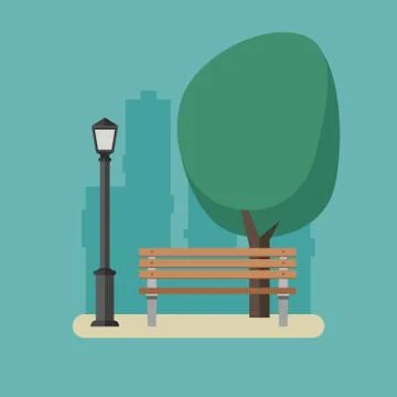 Park with bench and streetlight. Stock Illustration