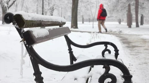 Park Bench covered with Snow Stock Footage 8963378