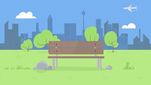 Park bench facing city skyline buildings Stock Footage 340471532