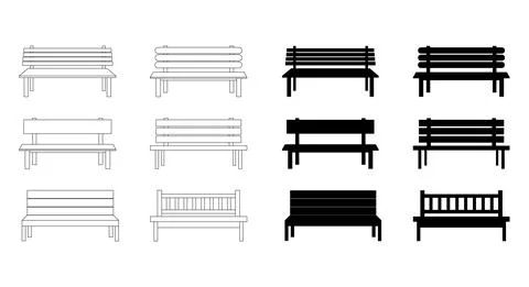 Park bench icon. Comfortable public wooden seat symbol set. Silhouette and ou Ilustración de archivo