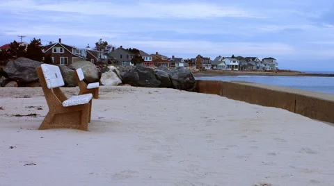 Park Bench at Northeast Beaching During The Winter Stock Footage 45365096