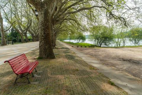 Park bench in river side view in nature landscape, Ponte de Lima, Portugal. Stock Photos