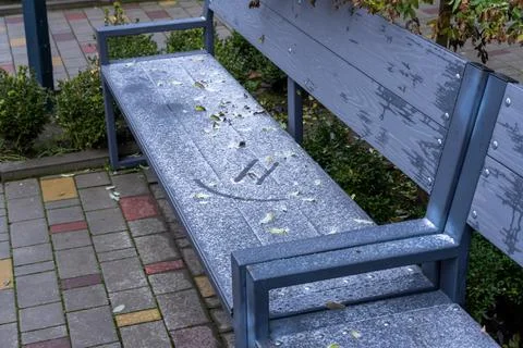 A park bench shows a light layer of frost and scattered leaves, indicating .. Stockfoto's