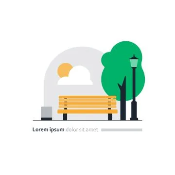 Park bench with tree and lantern, cozy place for rest, city square Stock Illustration