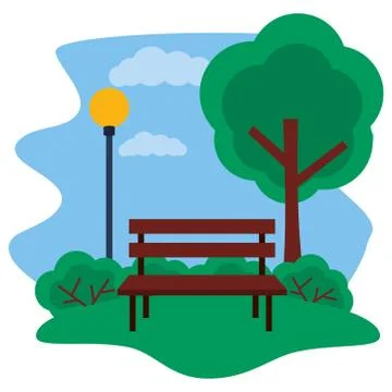 Park bench tree lamp post grass Ilustração Stock