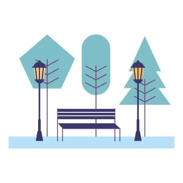 Park bench trees lamp post scene Ilustração Stock