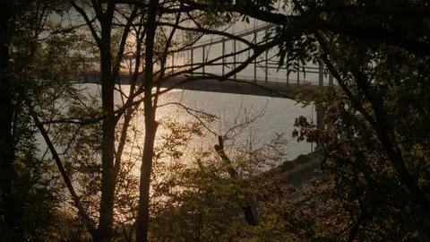 Park Bridge over Dnieper River at down in Kyiv, 2021 Stock Footage 175219563
