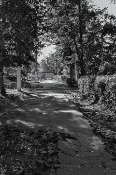 A park with broken asphalt from a rocket Stock Photos
