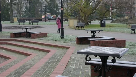 Park in the city with chess table and a man with dog Stock Footage 83049379