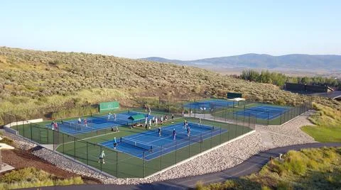 Park City, Utah - Trailside Park - Full Pickleball Empty Tennis Courts Stock Photos