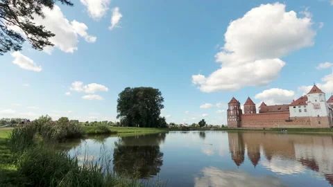Park complex and castle in the town of Mir. The camcorder rotates from left to r Stock Footage 114417229