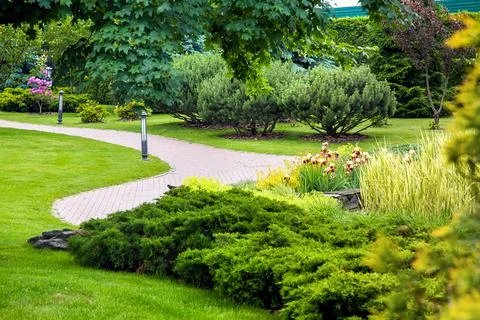 Park with curved path paved with stone tiles in park. Stock Photos