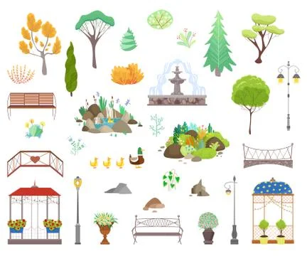 Park decor elements vector illustration set, cartoon flat city park garden Ilustração Stock