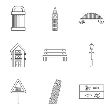 Park elements icons set, outline style Ilustração Stock