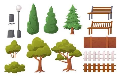 Park elements set. Trees, bushes, street lamp and wooden benches and fences Ilustración de archivo