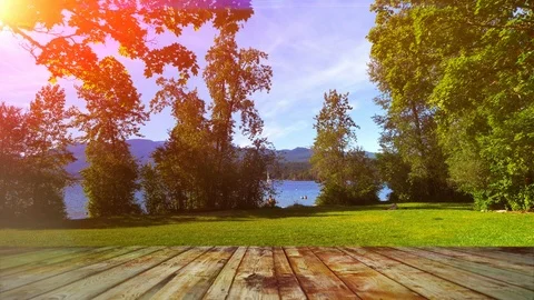Park Field Table Background, Sunlight Flare Green Picnic Wood Park Nature Deck Stock Footage 92770036
