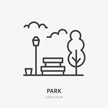 Park flat line icon. Vector thin sign of bench, tree, sky and street light Stock Illustration