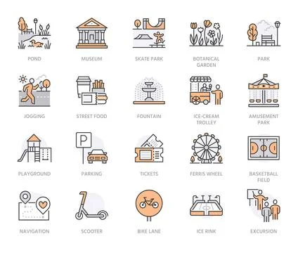 Park flat line icons set. Botanical garden, carousel, ferris wheel, museum Ilustração Stock