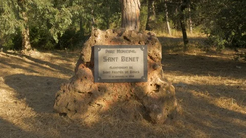 Park full Sant Benet stone piedra sign letrero ajuntament hall town rock Stock Footage 113112942