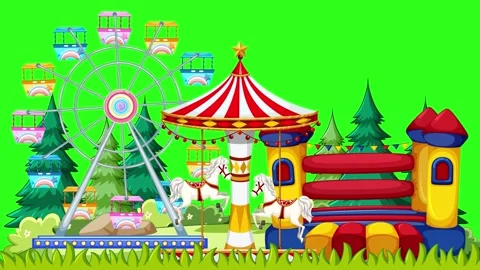 Park Fun Fair with Ferris Wheel and Carousel on Green Screen Stock Footage 331976945