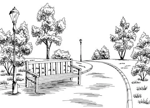 Park graphic black white bench lamp landscape sketch illustration vector Stock Illustration