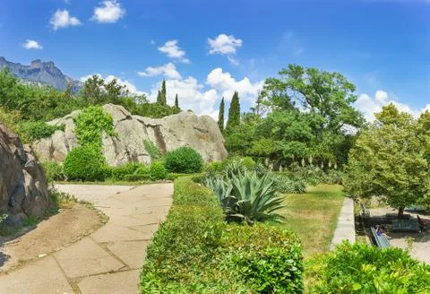 Park on the hillside on the North side of the Vorontsov Palace. Yalta, Alupka Stock Photos