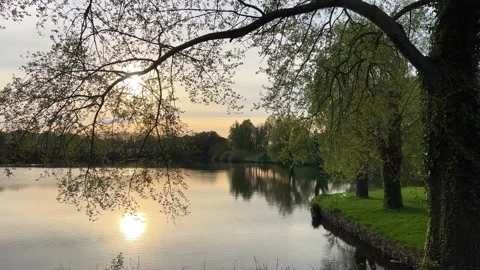 Park with lake reflection of the sun in the Water city in Paris Torcy 11.4.22 Stock Footage 180913573