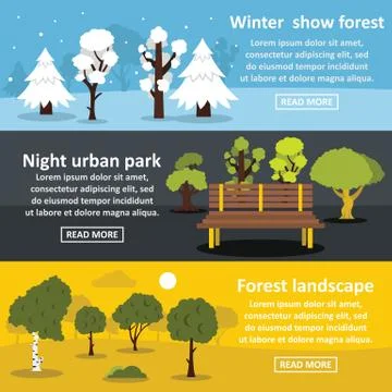 Park landscape banner horizontal set, flat style Ilustração Stock