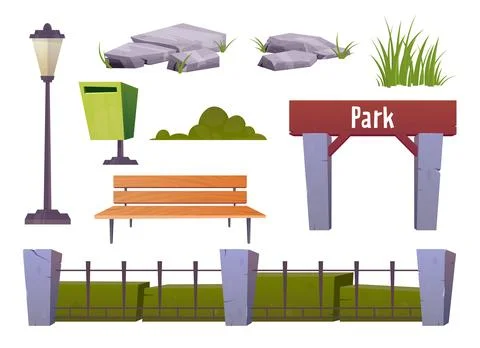 Park landscape elements collection. Vector illustration isolated on white Ilustración de archivo