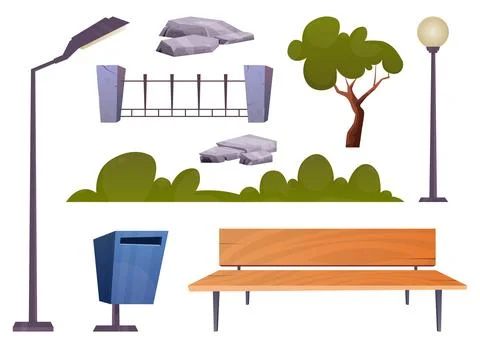 Park landscape elements collection. Vector illustration isolated on white Ilustración de archivo