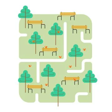 Park map. Path and tree. Bench and squirrel. Square landscape Stock Illustration