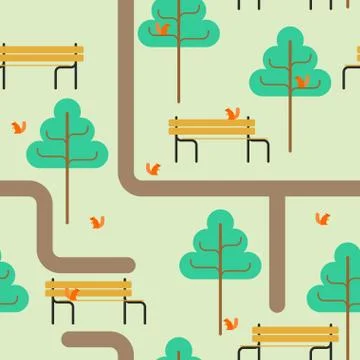 Park map pattern. Path and tree ornament. Bench and squirrel. Square landscap イラスト素材