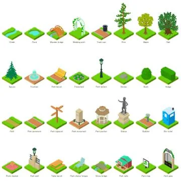 Park nature elements icons set, isometric style 스톡 일러스트