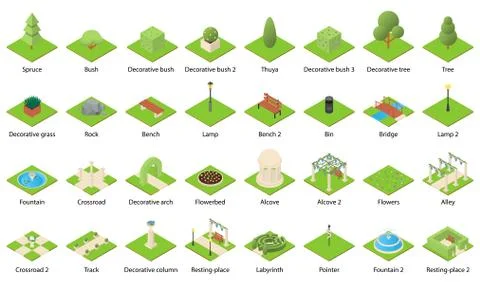 Park nature elements icons set, isometric style Ilustración de archivo