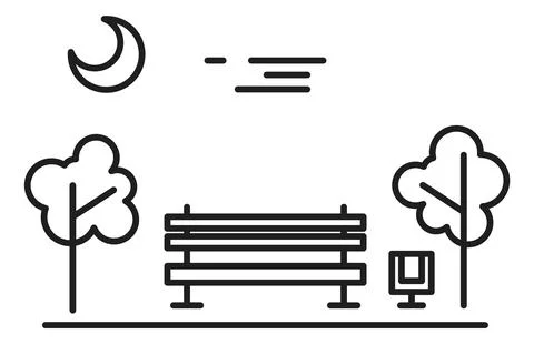Park night landscape in linear style. Wooden bench among trees Ilustração Stock