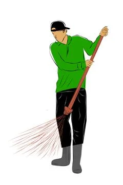 Park or road no face sweeper man, simple hand draw sketch, isolated on white Stock Illustration