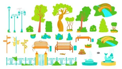 Park outdoor elements, trees, benches, lamppost and fontains, bush and Ilustración de archivo