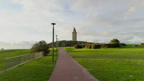 Park Path Leading to Historic Tower on Hill Stock Footage 276328427