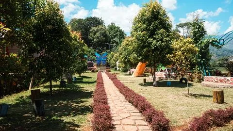 A park with a path lined with bushes and trees Stock Photos
