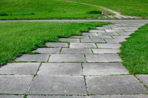 Park path made of square tiles overgrown with grass in a parkland. Stock Photos