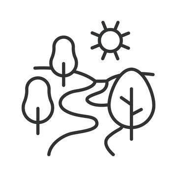 Park path with trees icon in line design. Park, path, trees, sun, nature, walk Stockillustratie