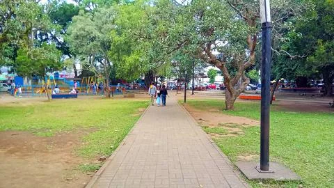 Park Pathway with Lamp Post Stock Photos